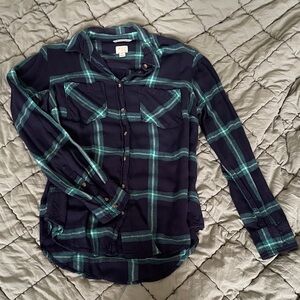 Navy and Teal Plaid Button-Up Shirt